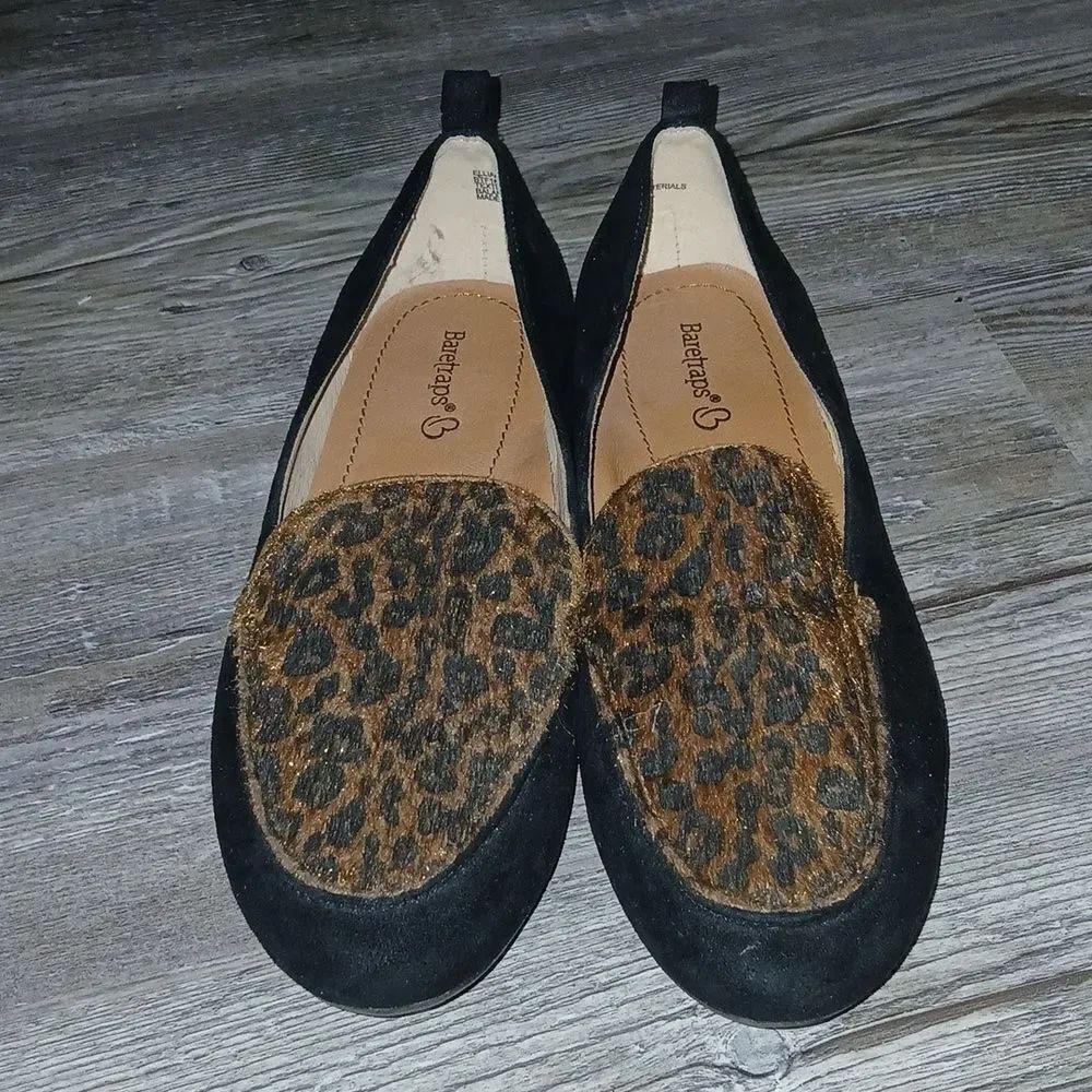 Baretraps Elliana Black Suede Flat with Leopard Print Women SZ 7M